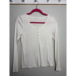 Gap White Ribbed Henley Top Womens Medium Petite Cotton Long Sleeve
